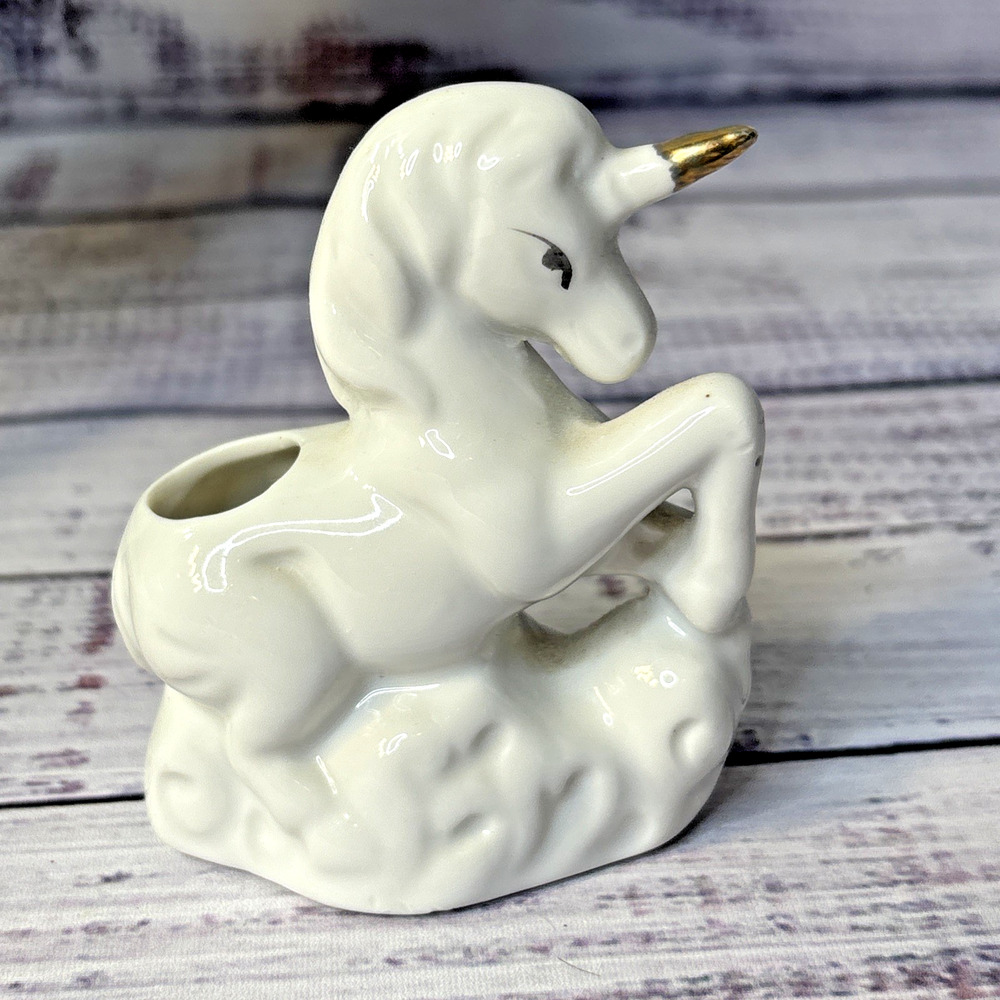 Vintage White Bone Miniature Unicorn Figurine Gold Horn Trim